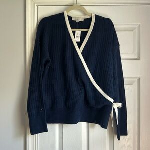 Loft navy wrap sweater size L NWT